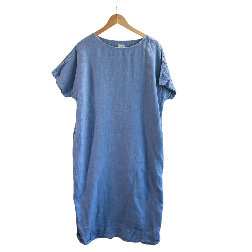 Man in‎ the Studio Blue Linen Midi Dress Coastal Chic Minimalist 2X Lagenlook